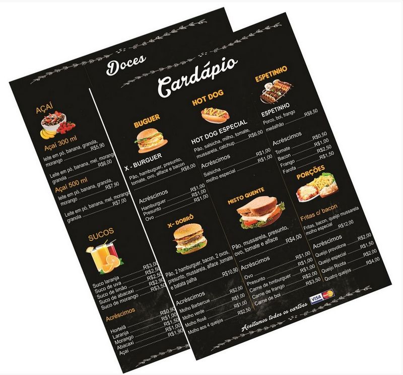 Cardápios e Comandas para a sua empresa — Cardápio em PS A3 297x420mm Frente e Verso — Formato Grande